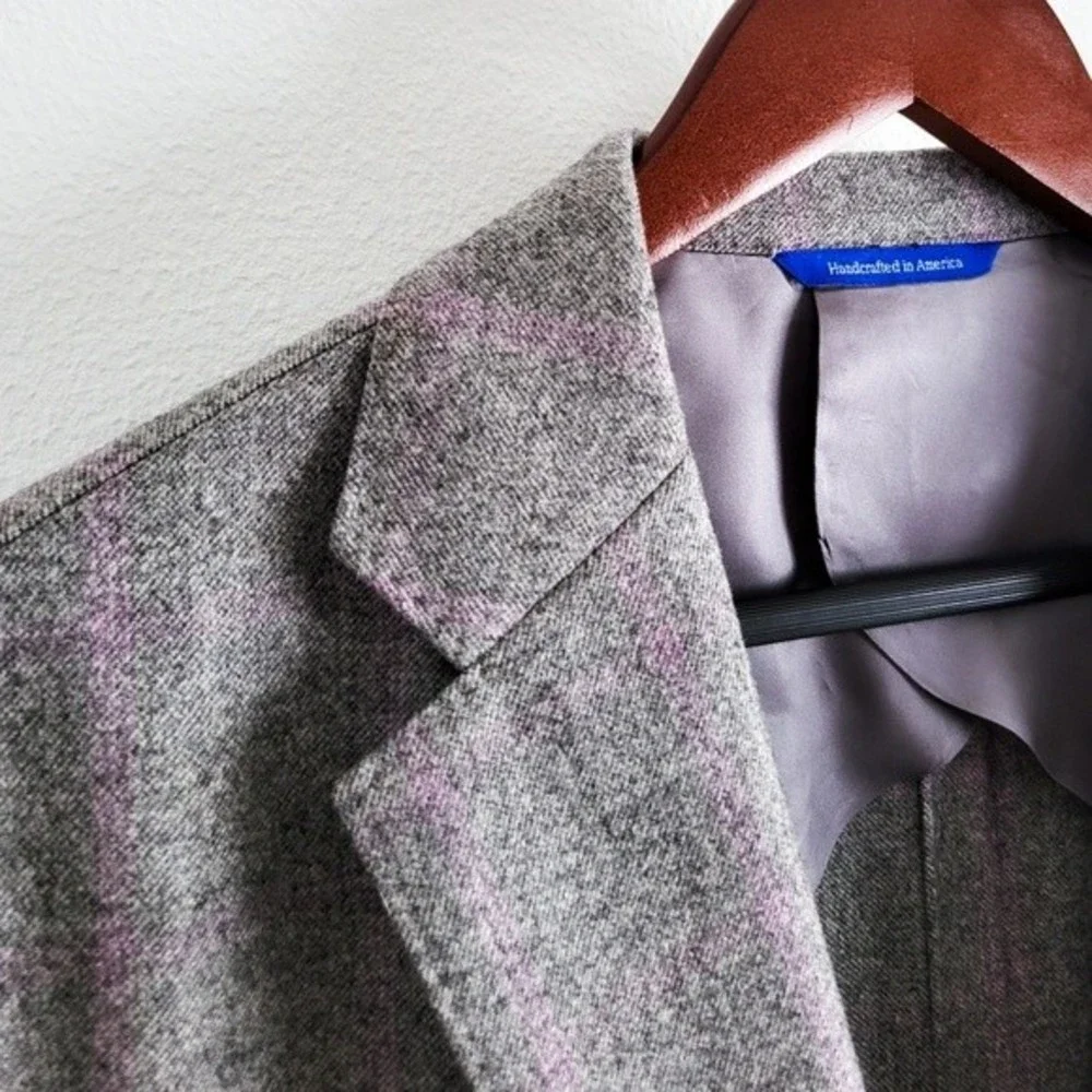 Adrian Jules Sport Coat Flannel Wool Blazer Plaid Gray Purple Mens 43 - Picture 4 of 15